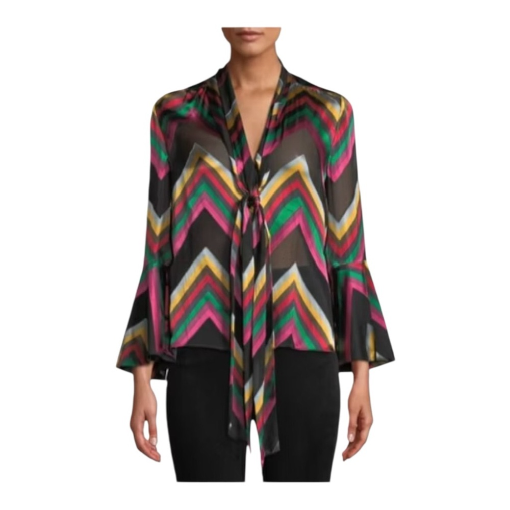 Alice + Olivia Multicolor Chevron Pussybow Blouse, Size M